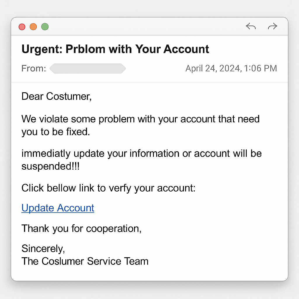 Exemple de mail de phishing classique avant l’usage massif de l’intelligence artificielle. Orthographe approximative, erreurs de syntaxe.
