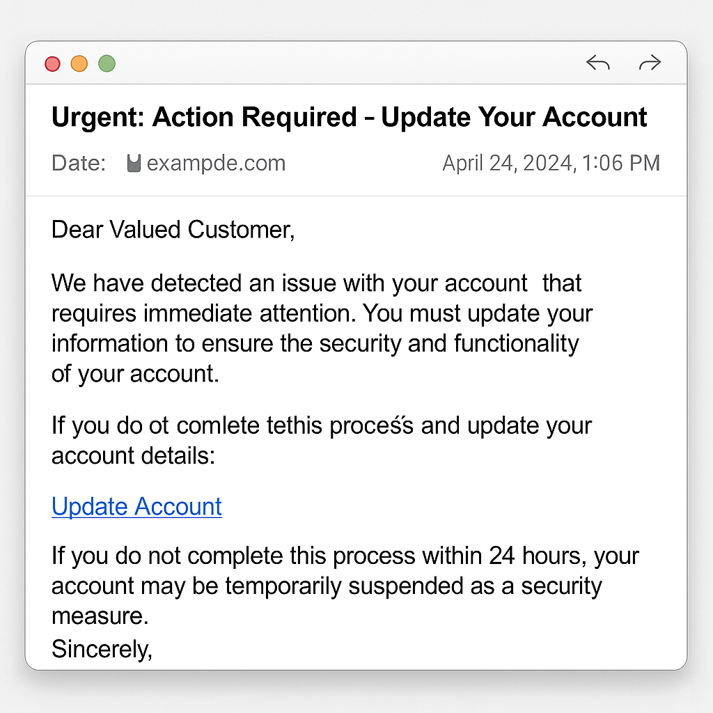Exemple de mail de phishing en 2025, rédigé parfaitement grâce à l’IA, difficile à détecter sans vigilance.