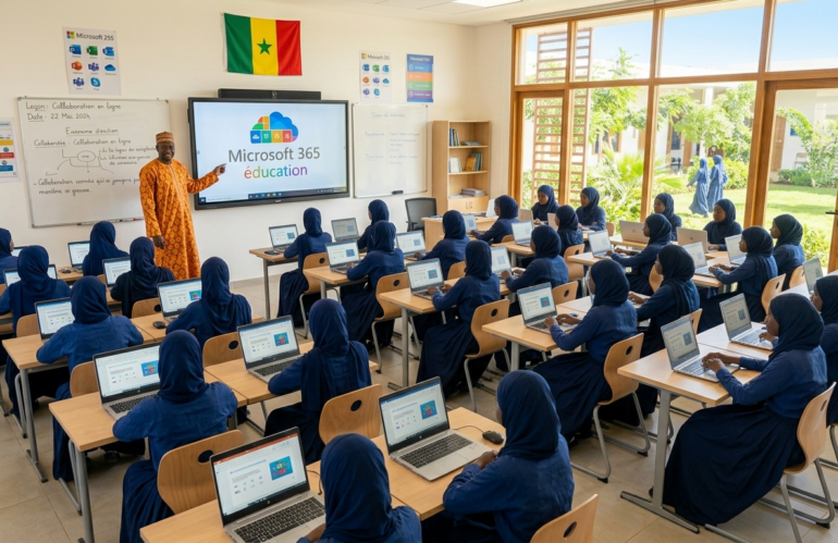 une classe moderne de filles habillées en tenus bleu nuit et beige, un ordinateur portable devant un chaque élève, un professeur habillé en costume sénégalais orange, une grande baie vitrée d'où vient de la lumière du soleil et éclaire toute la classe, un grand écran collaboratif avec le logo de Microsoft 365 suivi, sur le mur côté gauche de l'écran sont collés le drapeau du Sénégal et un tableau blanc avec des écritures