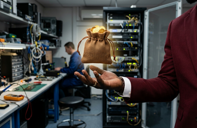 Un homme portant un costume rouge a la main tendue sur lequel flotte une bourse dorée. L'homme se trouve dans une salle de maintenance informatique avec un homme au fond.