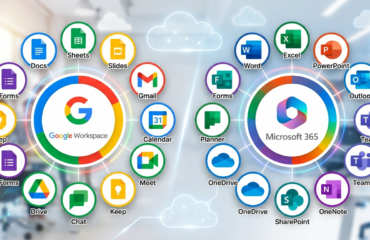 Logo de Microsoft 365 sur la droite et logo de Google Workspace