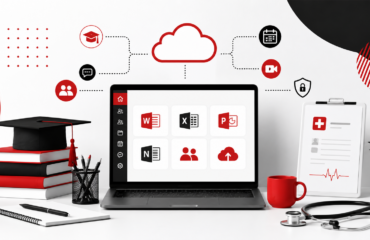 Image représentant les outils numériques collaboratifs dans les secteurs de l’éducation et de la santé, avec une interface moderne en rouge, noir et blanc symbolisant les suites bureautiques et le cloud computing.