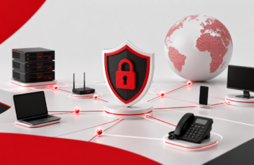 Illustration moderne d’une infrastructure réseau sécurisée : un bouclier rouge et noir avec un cadenas au centre est relié à plusieurs équipements informatiques (serveurs, ordinateur portable, écran, téléphone IP et routeur) par un réseau de connexions lumineuses rouges. En arrière-plan, un globe stylisé symbolise la connectivité mondiale. L’ensemble adopte un design épuré aux couleurs rouge, blanc et noir, évoquant la performance, la cybersécurité et la fiabilité des réseaux d’entreprise.