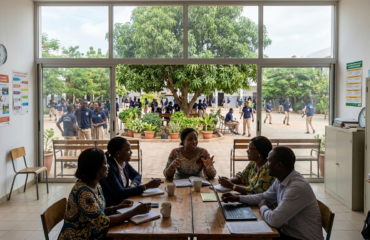 Des enseignants entrain de discuter dans la salle des professeurs. A travers la baie vitrée de la salle, on peut voir des élèves jouer sur la cours.