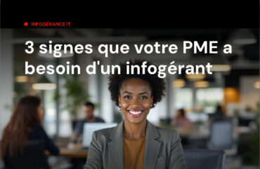 Bannière Aruo Services sur l'infogérance IT pour PME/PMI au Sénégal. Une femme d'affaires souriante, bras croisés, se tient au premier plan dans un open space flou en arrière-plan. Titre : "3 signes que votre PME a besoin d'un infogérant". Logo Aruo et badge "24/7" en haut, coordonnées aruoservices.com et +221 33 825 04 27 en bas.