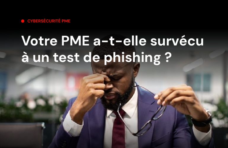 Visuel Aruo Services sur la cybersécurité en PME : un homme d'affaires en costume, l'air fatigué, se pince l'arête du nez en tenant ses lunettes, dans un bureau. Titre : Votre PME a-t-elle survécu à un test de phishing ? Mention : Aruo Services – Infogérance & Cybersécurité PME/PMI, aruoservices.com, +221 33 825 04 27.